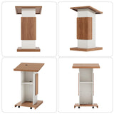 Podium Stand with Wheels & Storage, Wooden Lectern with Lockable Wheels