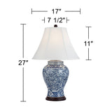 Barnes and Ivy Shonna Traditional Asian Chinese Ginger Jar 3-Way Table Lamps with Table Top Dimmer 27" Tall Blue Porcelain White Shade for Living Room Bedroom House Bedside Nightstand Home Office