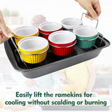 Ramekins set - Creme Brulee Making Kit - COLORED 6 Porcelain Ramekins 6 Oz With Silicone Lids - 304 Stainless Steel Lifting Rack And 9.5" X 14" Baking Pan - Oven Safe