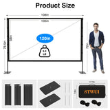 STWUI Outdoor-Projector-Screen-with-Stand - 120 inch Portable Projector Screen Indoor Outdoor Projector Screens 16:9 4K HD Lightweight Movie Screen with Carry Bag for Backyard Movie Night
