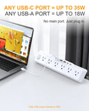 Desk Clamp Power Strip Surge Protector, 6 Outlets, Flat Plug, 1800J, 4 USB-C Ports (Any Port 35W), for Home & Office, Flame-Retardant PC-ABS Housing, Fits 1.96" Desk Edge, White