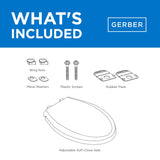 Gerber Elongated Toilet Seat with Cover, Soft Close, No Slam, Quick & Easy Install, Heavy-Duty Plastic, Adjustable Fit for Standard Elongated Toilets, Durable & Fade-Resistant, White G0099213