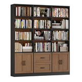 HOSTACK 71" Tall Triple Wide Bookshelf with Storage Drawers & Doors, Brown