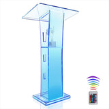 Acrylic Podium Stand, 43” Pulpit for Churches with 15 Colors Adjustable, Modern Lectern with Storage Shelf for Classroom