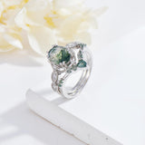 Oseew Natural Moss Agate Ring for Women 2CT Oval Cut 2 Pieces Engagement Ring Set 10K/14K/18K Solid Gold/Sterling Silve Personalized Wedding Leaf Vintage Bridal Promise Ring for Women