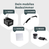 BOXIO - WASH Plus: Mobile Sink with Hand Pump, Shower Head, Mirror & Cleaning Beads - Van, Camping, Garden Sink with Tap, Plastic, Black