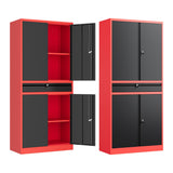 Metal Garage Storage Cabinet with Drawer,4 Door Tool Cabinet with Adjustable Shelves for Garage Home Office Utility Room (Red)