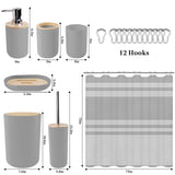 Britimes Bathroom Accessories Set, Grey Shower Curtain Set with Trash Can, Soap Dispenser, Toilet Brush Holder, Toothbrush Holder and Toothbrush Cup for Bathroom Decor
