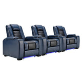 ANJ Power Home Theater Seating Set of 3, Blue Faux Leather Electric Recliner Chair with Adjustable Headrest, Dual Motors Movie Reclining Chairs with LED Lights,USB port,Cup Holders, Hidden Arm Storage