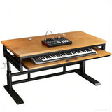 Height Adjustable Music Studio Desk with Keyboard Tray – Standing Computer Workstation with Cable Management, MIDI Shelf & Metal Legs for Recording, Production, Home Office(Light Walnut+Black,70in)