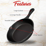 NutriChef Pre-Seasoned Cast Iron Skillets - 3 Pieces Cast Iron Cookware Set w/Drip Spout and Scraper - Compatible with Induction
