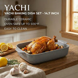 Yachi Ceramic Casserole Dishes for Oven Set of 3 Pcs Rectangular Bakeware Set with Handle for Steak Beef Baking Pan Roast Chicken spaghetti Lasagna Pan vegetables Microwave Oven and Dishwasher Safe Gray (14.8''/12.7''/9.8'')
