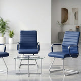Sidanli Office Reception Chair No Wheels, Stationary No Rolling PU Leather Mid Back Guest Chair with Sled Base for Conference Waiting Area, Blue Set of 2