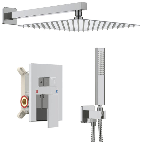 12 Inch Bathroom Shower System Polish Chrome Wall Mounted Square Mixer Iriber