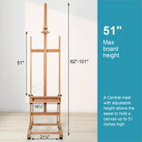 H-Frame Studio Easel, Artist Easel with Wheels and Storage Tray, Adjustable Floor Easel, Natural Somime