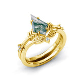 Personalized Moss Agate Engagement Ring set Engraving Text Moss Agate Wedding Ring Set Gold For birthday Promise ring Chirstomas (yellowgold)