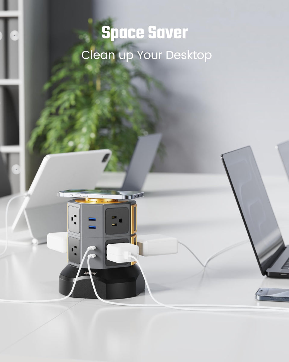 Computer Charger Tower Power Strip Tower with 15W Wireless Charger, 6.5Ft Retractable Extensi ...