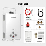 Syfuulv Propane Tankless Water Heater Outdoor, 1.58 GPM Portable Water Heater Instant Hot, 41,000 BTU, LED Digital Display, Overheating Protection, Camping, RV, Cabin, Barn, White 6L