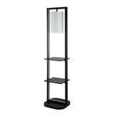 74 Inch Floor Lamp with 2 Shelves, Round Lampshade, Iron, Black and White Benzara
