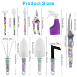 Garden Tool Set, 10 Pieces Gardening Tools Kit with Purple Flower Print, Ergonomic Handle Trowel Rake Weeder Pruner Shears Sprayer