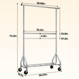 HYSEYY Heavy Duty Clothes Rack, Double Rod Clothing Rack for Hanging Clothes, Rolling Garment Rack, Adjustable Freestanding Wardrobe Closet Coat Rack for Bedroom Laundry Living Room, Silver