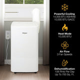 Whirlpool 14,000 BTU Portable Air Conditioner with Heater and Dehumidifier for Living Room, Apartment, or Bedroom, 115V, Portable AC for Rooms up to 700 Square Feet with Remote, 3 Speeds, Timer, White