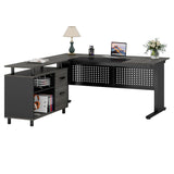 63 Inch Executive Desk with File Cabinet, L Shaped Office Desk with Drawers and Storage Shelves