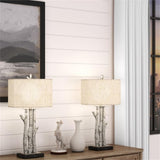 Pemberly Row 29.5" Birchwood Coastal Table Lamps, Whitewash Finish, Set of 2, Nature-Inspired Design with USB Port, Linen Shade, 3-Way Switch, Modern Rustic Lighting for Bedroom, Living Room, Office