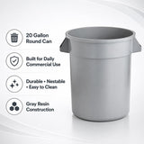 Getzi 6 Pack 20 Gallon Gray Round Commercial Trash Can, Heavy-Duty Plastic Waste Bin