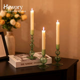 Hewory Glass Candlestick Holders Set: 3PCS Green Candle Holder Taper Candle Holders Bulk, Crystal Ribbed Candle Sticks Holder Decor for Table Centerpiece Wedding Christmas Thanksgiving Dinner