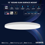 LUXRITE 12 Inch LED Flush Mount Ceiling Light, LED Surface Mount, 5CCT 2700K-5000K, 1650 Lumens, CRI90, 110° Beam Angle, 22 Watt, Dimmable, Wet Rated & UL Listed, Round Slim Trim (6 Pack)