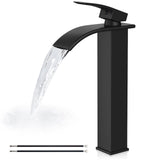Airuida Vessel Sink Faucet, Tall Waterfall Bathroom Faucet, Single Handle One Hole Mixer Bowl Tap with Large Rectangular Spout, Bar Sink Faucet Lavatory Vanity- Matte Black