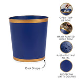 Jaye's Studio Decorative Waste Basket for Bathroom Trash Can Wastebasket, Oval Metal Trash Bin for Bedroom, Office, Blue Garbage Can for Dorm, Blue Trash Can Gold Office Decor, 12" x 10" x 8"