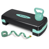 Green Black Exercise Step Platform Set with Kettlebell & Measuring Tape, Adjustable Height 2 Level Risers Workout Step Trainer, Aerobic Steppers for Home Gym Exercise Fitness Workout