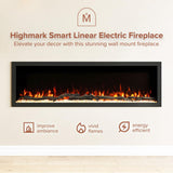 Modern Ember Highmark 60 Inch Smart Linear Electric Fireplace - Premium Flame with 10 Colors, Sleek Hidden Vent Design, Install Recessed in-Wall or Wall-Mount, WiFi Enabled.