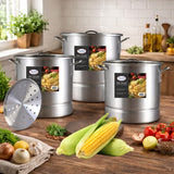 Alpine Cuisine 9-Piece Aluminum Steamer Pot Set with 56, 74.6 and 92.5 L Stock Pots, Heavy-Duty Lightweight Design for Seafood, Tamales, Pasta & Large-Batch Cooking