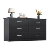 WLIVE Wood Dresser for Bedroom, Black 53'' Wide Chest of Drawers with 6 Drawer, Oak Furniture Large Storage Tower Unit, Closet Store Organizer for Living Room, Hallway, TV Stand, Modern Minimalist