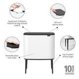 Brabantia Bo Touch Top Kitchen Trash Can with Single Compartment & Raised Legs | White | 9.5 Gal Inner Bucket | Soft-Close Garbage Can, Stay-Open Lid | Fits Against Wall | + Trash Bags