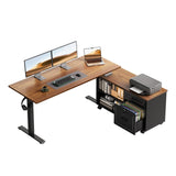 OffiGo 48" L Shaped Electric Standing Desk with Cabinet Sets, Walnut/Black