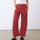 SeeLuNa Women Barrel Travel Pants Elastic Waistband Tapered Leg Baggy Mid Rise Work Trousers Lounge Pant with Pockets(Red,M)