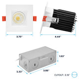 LUXRITE 3 Inch LED Regressed Canless Spotlight + Square White Interchangeable Trim, 5CCT 2700K-5000K, Twist N' Lock, Recessed Lighting, 15W, 1250LM, CRI90, Dimmable, 38° Beam, IC & Wet Rated (4 Pack)