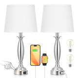 Seealle White Lamps for Bedrooms Set of 2 - Touch Control Bedside Lamp with USB C+A, 3 Way Dimmable Nightstand Lamps with USB Port, Table Lamp for Living Room(White Shade and Nickel Base)