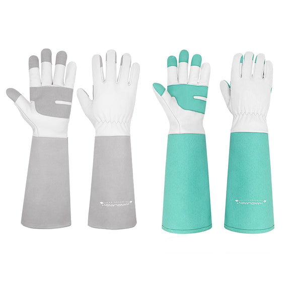 2 Pairs: Rose Pruning Long Gardening Leather Yard Work Gloves - Grey, Green, Large