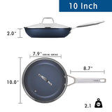 MsMk Frying pans nonstick with lid Blue, 10-inch Durable skillet, Titanium and Diamond Non Stick Non-Toxic Coating From USA, Even Heating
