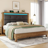 EnHomee King Size Bed Frame, Upholstered Storage Headboard with Charging Station & LED, Wooden Bed Frame，No Box Spring Needed, No Noise, Easy Assembly