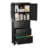 Storage Cabinet with 3 Drawers and 2 Doors, Lockable Rolling File Organizer on Wheels for Home Office Garage