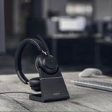 Jabra Evolve2 65 Bluetooth Wireless Headset with Mic for Calls and Music, Dual-Ear Headphones with USB-C Adapter and Charging Stand, Up to 37 Hours Battery, Works with Microsoft Teams, Black
