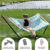 Sunnydaze Rope Hammock with Stand for Outside- 275-Pound Capacity - Includes 12-Foot Hammock Stand, Spreader Bar, Pad, and Pillow - Blue and Green Chevron