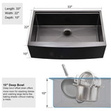 33 Inch Black Farmhouse Kitchen Sink - VOKIM 33x22 Apron Front Kitchen Sink Workstation Stainless Steel 16 Gauge Single Bowl Gunmetal Farm Sink