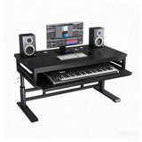 Music Studio Desk Workstation with Keyboard Tray, Office Computer Table with Organized Wiring/Keyboard Shelf Workbench Electronic Piano Midi Production Recording Studio